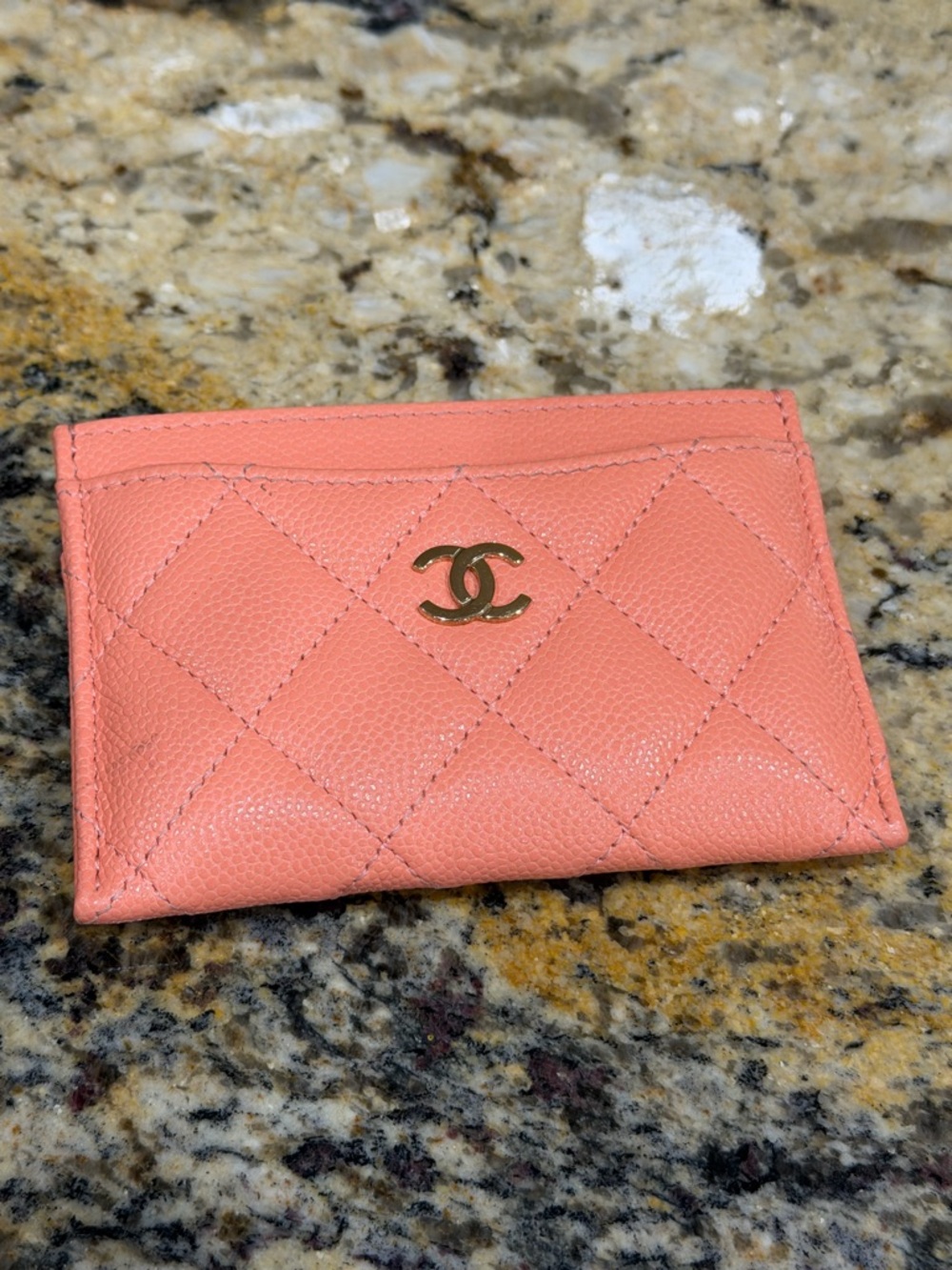CHANEL Coral Pink Quilted Card holder with Gold Logo